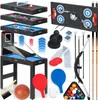 A collage of various game tables and accessories, including a ping pong table, air hockey table, pool table, basketball hoop, archery set, and billiards balls. Produktbild-Vorschau