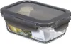 A glass food storage container with a gray lid, filled with some food items. Produktbild-Vorschau