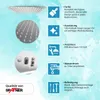 Marketing image for a shower head, showing product details and features with icons and text. Produktbild-Vorschau