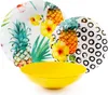 A set of plates and a bowl with a tropical pineapple and floral design, and a plain yellow bowl in the foreground. Produktbild-Vorschau