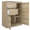 A light brown wooden cabinet with two drawers and two doors, shown from a slightly angled front view with the right door open. Produktbild-Vorschau