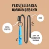A product image showing a blue dog whistle with a lanyard, with text and circles highlighting features. Produktbild-Vorschau