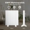 A white electric heater is shown in a room setting with furniture and plants in the background. Dimensions and features are displayed with text overlays. Náhľad obrázku produktu