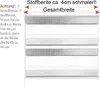 A diagram showing a roller blind with text annotations explaining the difference between order width and fabric width. Produktbild-Vorschau