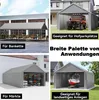 A collage of four images showing different uses of a gray tent garage. Produktbild-Vorschau