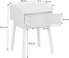 A white bedside table with an open drawer, showing dimensions. Produktbild-Vorschau