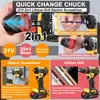 A collage of images showcasing a 21V 2-in-1 lithium drill electric screwdriver, its features, and applications. Produktbild-Vorschau