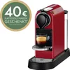 A red Nespresso Krups coffee machine with a cup of espresso and a promotional overlay. Anteprima dell’immagine prodotto