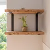 Two wooden shelves mounted on black brackets against a light-colored wall, with a plant on the lower shelf. Produktbild-Vorschau