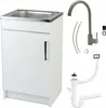 A white kitchen cabinet with a stainless steel sink and a gray faucet, along with plumbing parts, are displayed against a white background. Náhľad obrázku produktu