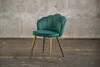 A green velvet chair with gold legs against a concrete wall and wooden floor. Produktbild-Vorschau