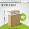 A bamboo laundry basket with a lid and text indicating its size and capacity. Produktbild-Vorschau