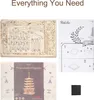A collage of images showing the components and packaging of a wooden pagoda model kit, along with assembly instructions. Voir les images du produit