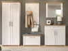A hallway furniture set including a tall cabinet, a bench with storage, a coat rack, and a mirror. Produktbild-Vorschau