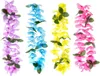 Four strands of artificial flower leis in different colors (purple, blue, yellow, and pink) with green leaves, arranged vertically against a white background. Produktbild-Vorschau