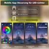 A marketing image showcasing mobile app control for LED lights, with illustrations of different app functions. Podgląd zdjęcia produktu