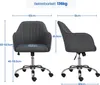 Two views of a gray office chair with dimensions and weight capacity indicated. Produktbild-Vorschau