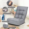 A gray floor chair is shown with callouts highlighting its features. Produktbild-Vorschau