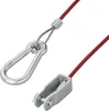 A close-up shot of a red safety cable with a metal carabiner and a metal bracket. Produktbild-Vorschau