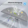 A close-up of a gray microfiber mop pad with animated particles and airflow graphics illustrating its cleaning and antibacterial properties. Produktbild-Vorschau