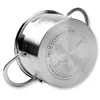 The bottom of a stainless steel pot is shown, with text and logos embossed on it. Produktbild-Vorschau