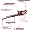 A diagram of a cordless hedge trimmer with various features labeled in German. Produktbild-Vorschau