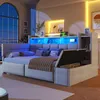 A modern bedroom or living room with a corner sofa bed, shelves, and ambient lighting. Produktbild-Vorschau