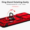 A red phone case with a rotating ring stand and camera cover is shown with diagrams illustrating its rotation. Produktbild-Vorschau