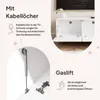 A collage-style marketing image for a TV lowboard, highlighting features like cable holes and gas lifts. Voir les images du produit
