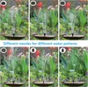A collage of images showing a solar-powered fountain with different nozzle attachments, demonstrating various water spray patterns in a garden setting. Produktbild-Vorschau