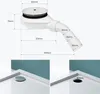 A diagram of a shower drain with dimensions, and two close-up views of shower drains in a shower tray. Produktbild-Vorschau
