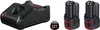 A black battery charger and two black Bosch 12V batteries are displayed on a white background. Voir les images du produit