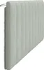A light gray padded headboard is shown from the side, angled slightly towards the viewer. It has vertical channel tufting and a thin metal bar attached to the top left edge. Produktbild-Vorschau