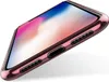 A close-up, angled view of a rose gold colored phone case with a transparent back and a colored rim, showing the side buttons and speaker grille. Produktbild-Vorschau