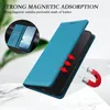 A blue flip phone case is shown with red arrows indicating magnetic adsorption and a horseshoe magnet graphic. Anteprima dell’immagine prodotto