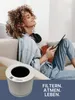 A woman is relaxing on a couch with headphones and a tablet, while an air filter is shown in the foreground with German text below. Produktbild-Vorschau