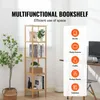 A multi-tiered bamboo shelf unit is displayed in a room, with various items placed on its shelves. To the right, a graphic overlay lists potential uses for the shelf. Podgląd zdjęcia produktu