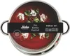 A top-down view of a stainless steel pot with a lid, featuring a label with product information and an image of soup. Voir les images du produit