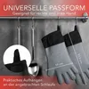 Two grey silicone oven mitts hanging on hooks next to kitchen utensils, with text overlays indicating features and dimensions. Anteprima dell’immagine prodotto