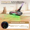 A cordless vacuum cleaner is shown in action on a floor, with a cat sitting nearby. The image highlights the automatic mode and suction power. Produktbild-Vorschau
