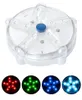A product shot of a submersible LED light with four smaller circular images below showing the light in red, green, blue, and light blue. Produktbild-Vorschau
