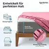 A pink fitted sheet is shown on a bed, highlighting its features and compatibility with different mattress types. Produktbild-Vorschau