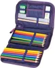 A purple pencil case filled with colored pencils, a ruler, an eraser, and a sharpener. Produktbild-Vorschau