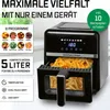 A black air fryer with its drawer open, filled with french fries, displayed with marketing text and icons. Anteprima dell’immagine prodotto