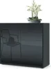 A dark gray sideboard with a reflection of a chair and hat on the left door, and three drawers on the right. A potted plant with white flowers sits on top. Produktbild-Vorschau