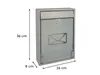 A silver mailbox with a glass front and a mail icon on it, with dimensions indicated by lines and text. Podgląd zdjęcia produktu