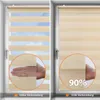 A split image showing a window with a roller blind in two different light-filtering states. The left side shows partial light filtering with a hand demonstrating the fabric's transparency, and the right side shows near-complete light blocking with a percen Voir les images du produit
