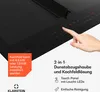 A close-up view of a black induction cooktop with a hand touching the control panel. Text overlays describe features and specifications. Produktbild-Vorschau