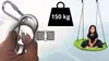 A collage showing a carabiner with a magnified view of its locking mechanism, a weight symbol indicating 150 kg, a diagram of a threaded connector, and a young girl sitting on a green circular swing. Podgląd zdjęcia produktu