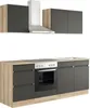 A modern kitchen unit with dark gray cabinets and a wood-effect countertop and side panel, featuring a built-in oven and stovetop. Produktbild-Vorschau